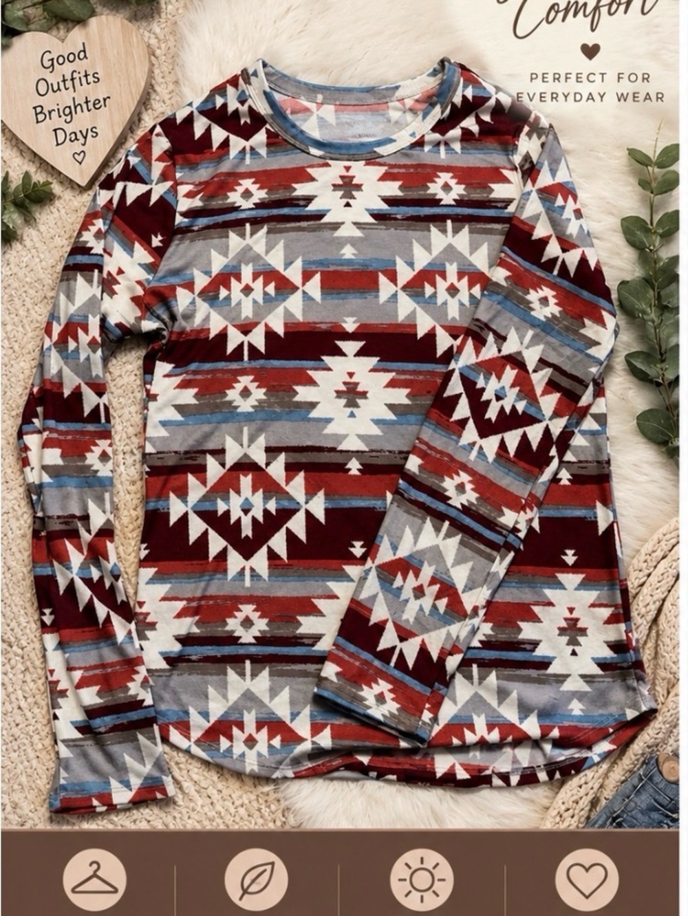 No Boundaries Aztec Long Sleeve Top - Burgundy, Blue & Gray